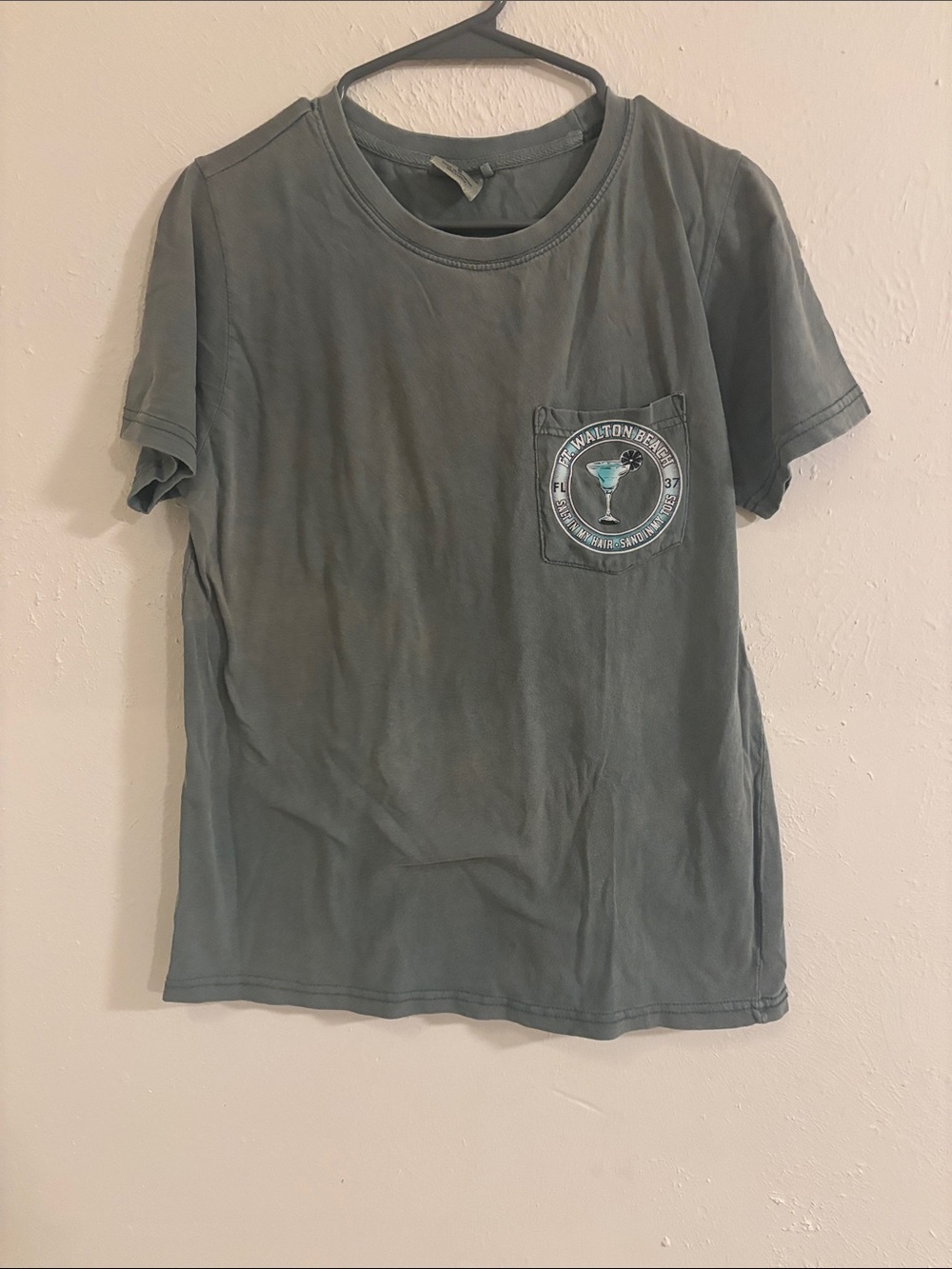 #vintage Washed Slate Green Pocket Tee with Cocktail Patch